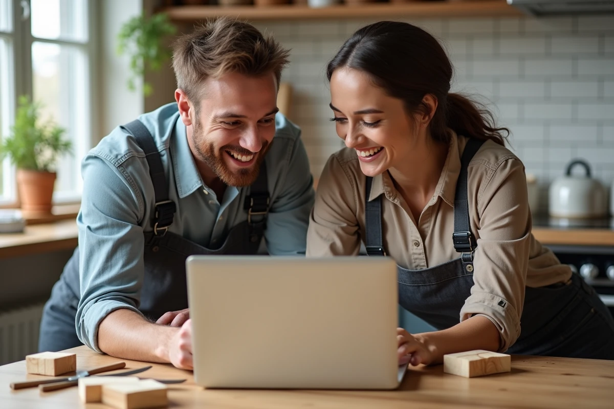 Couple consultant une formation bricolage en ligne sur ordinateur portable avec des outils et planches en bois sur la table