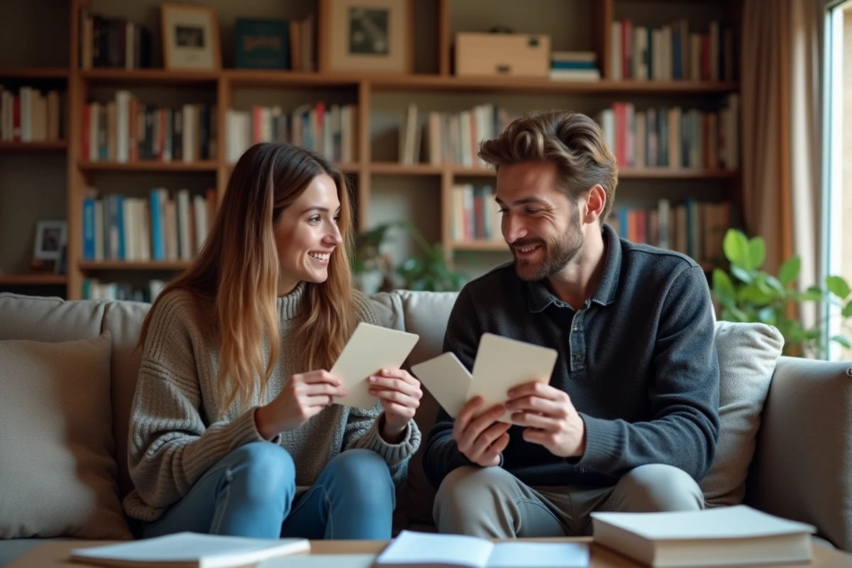 Couple révisant ensemble les questions de naturalisation avec des fiches sur un canapé dans un appartement français