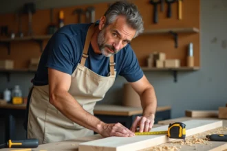 Homme débutant en bricolage mesurant une planche en bois dans un atelier garage organisé, cours bricolage maison