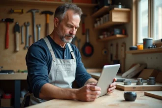 Homme suivant un cours de bricolage en ligne sur tablette dans un atelier domestique bien équipé