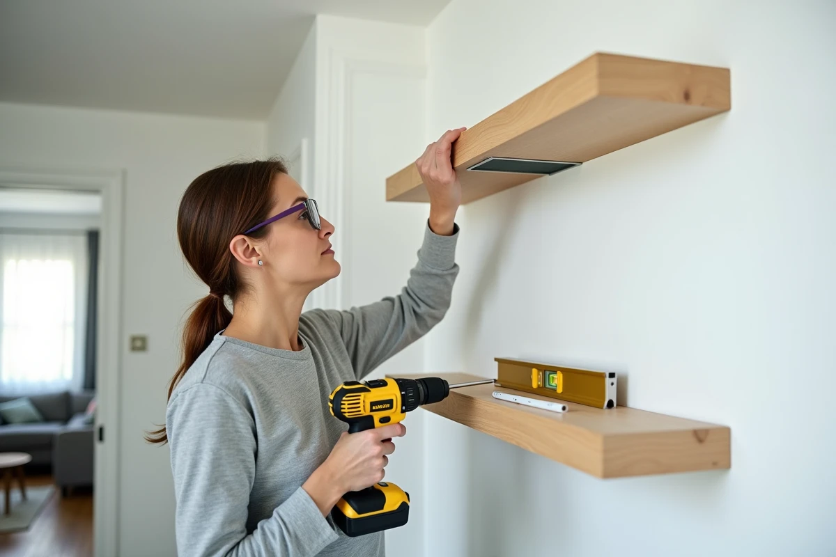 Femme vissant une étagère murale avec une perceuse sans fil dans un appartement, formation bricolage débutant à domicile
