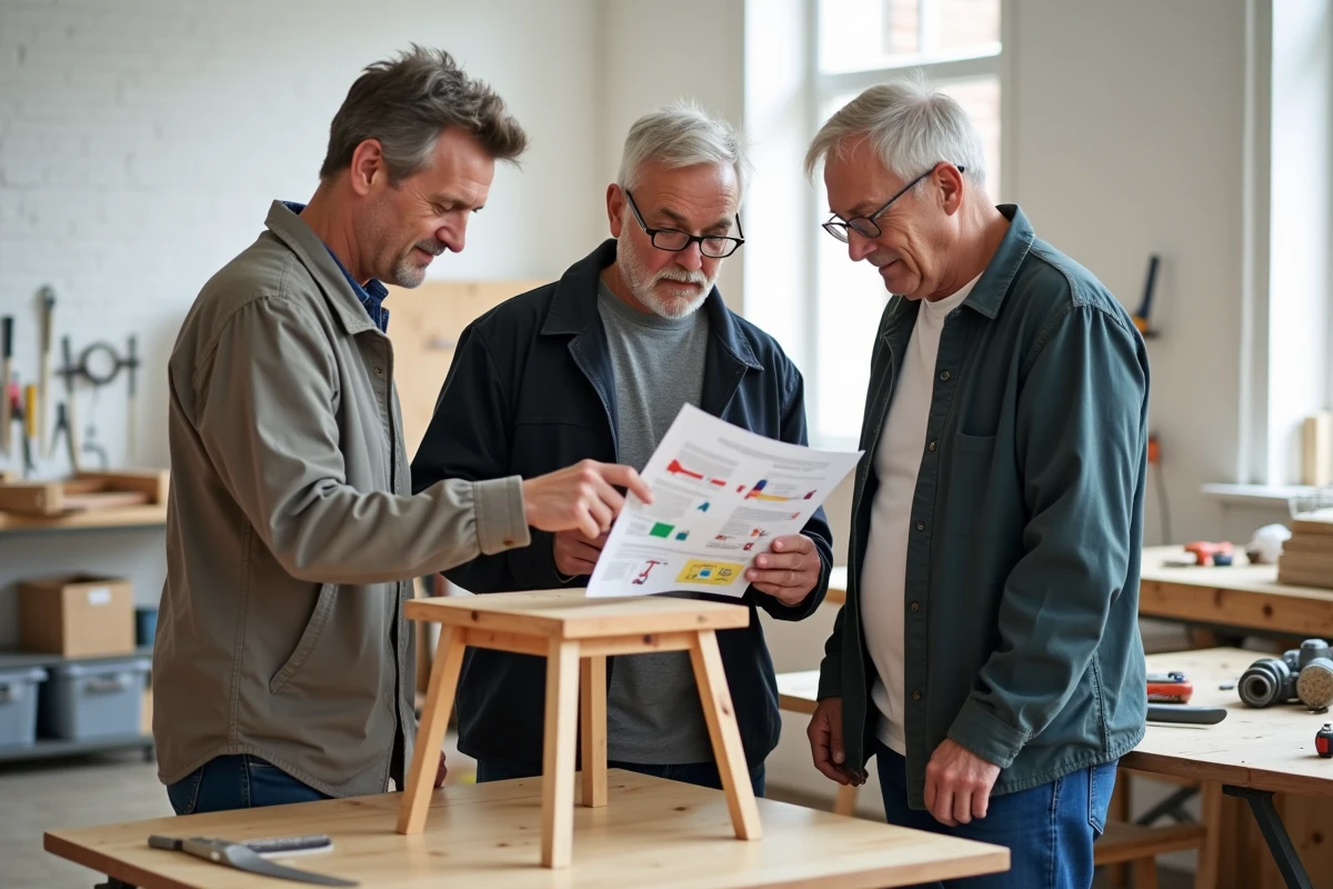 Groupe d'adultes en cours de bricolage débutant étudiant un guide de réparation dans un atelier collectif