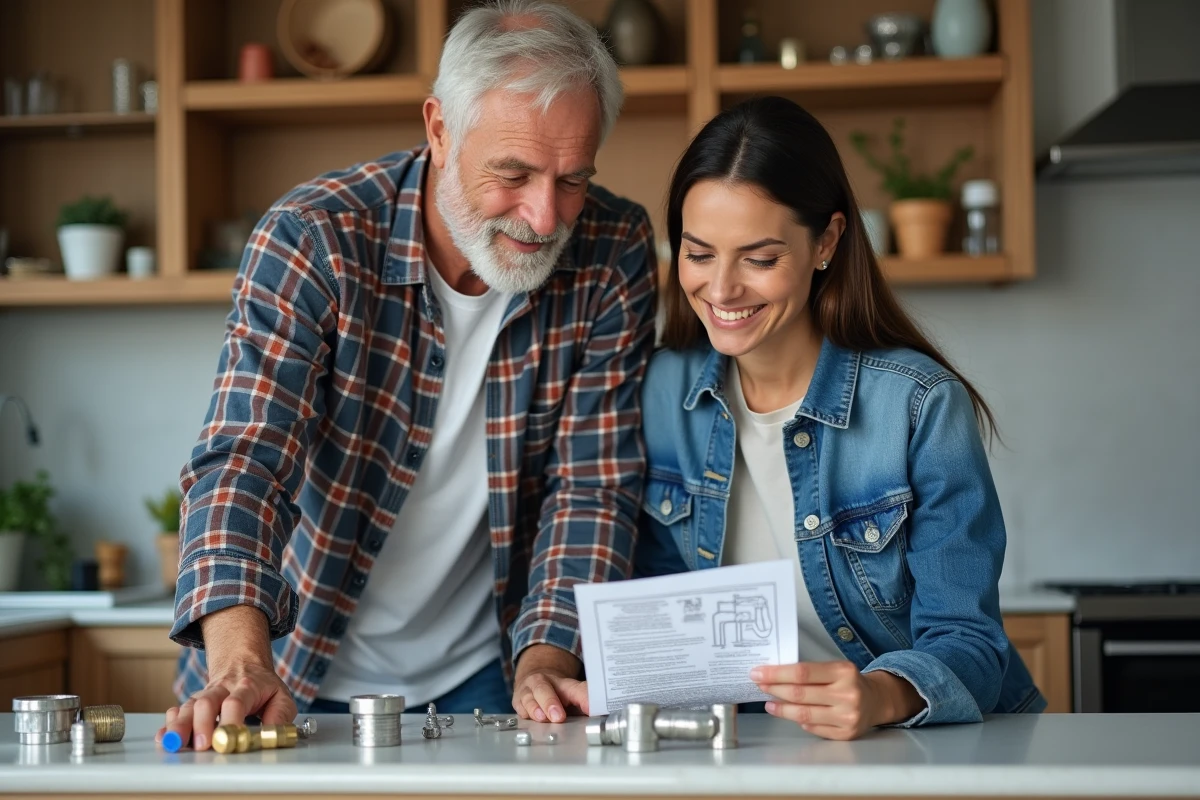 Duo d'apprenants en cours de bricolage plomberie dans une cuisine en rénovation