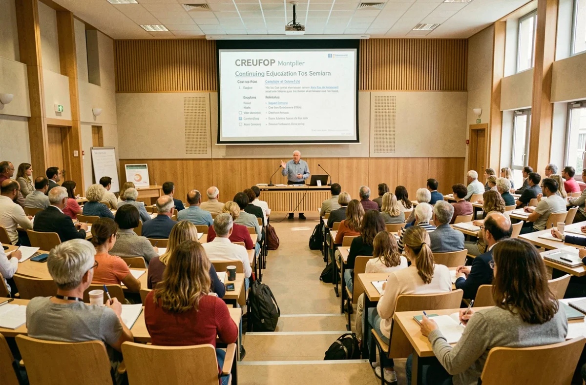 Professeur animant un séminaire de formation universitaire continue au CREUFOP de Montpellier, avec des adultes en formation dans un amphithéâtre