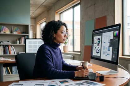 Designer graphique femme travaillant sur logiciel de création numérique avec tablette et double écran dans un studio moderne en 2026