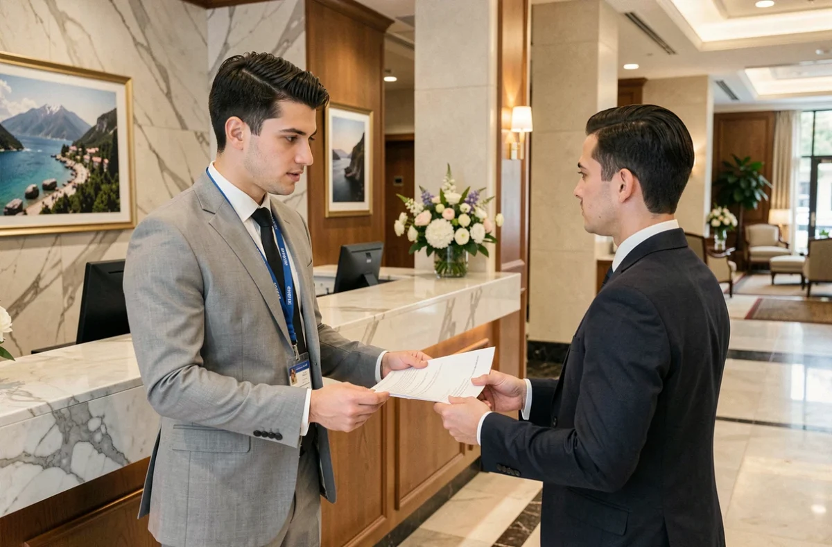 Jeune homme diplômé en BTS Tourisme présentant des documents à la réception d'un hôtel de luxe