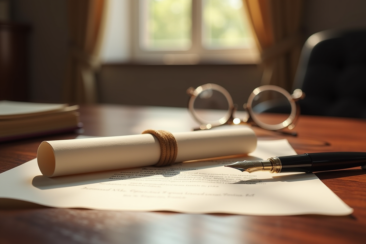 Diplome posé sur un bureau avec stylo et lunettes
