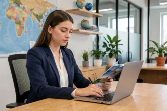 Jeune diplômée en tourisme travaillant dans une agence moderne, consultant une brochure de voyage devant une carte du monde