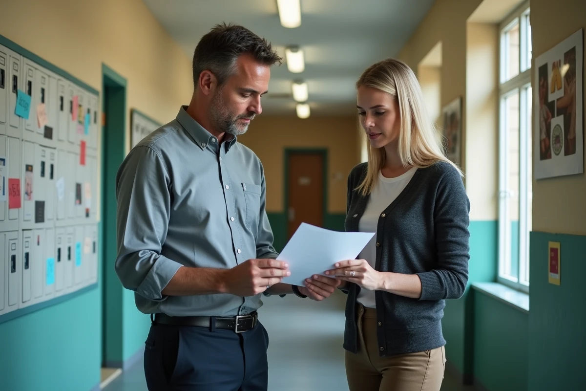 Un directeur d'école primaire et une collègue discutent de l'accompagnement pédagogique Edu Normandie dans un couloir scolaire