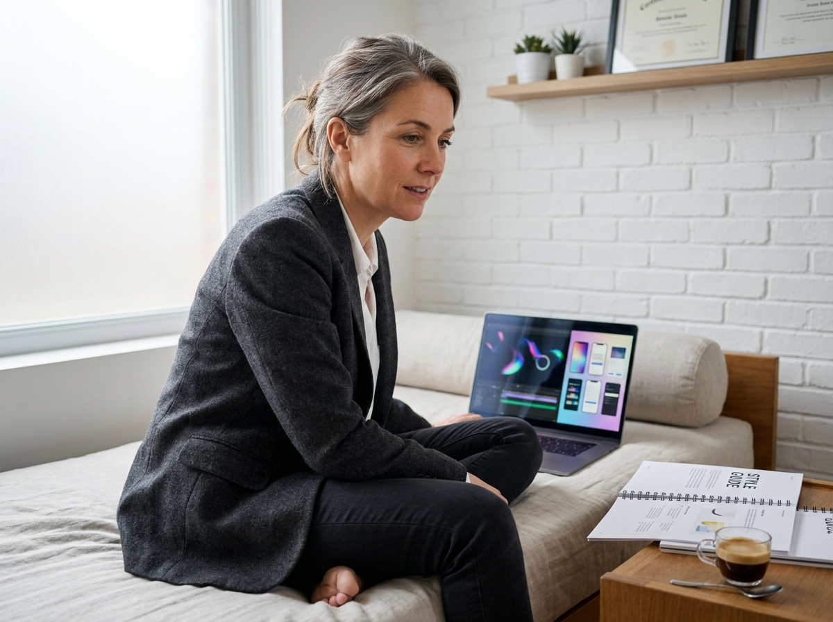 Directrice artistique senior analysant un portfolio de design numérique sur ordinateur portable dans un studio à domicile épuré