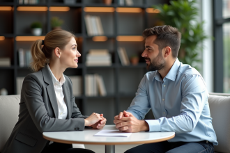 Femme professionnelle et homme en discussion dans un bureau moderne