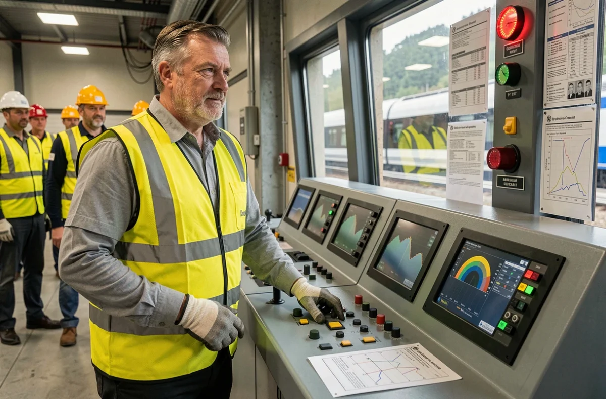 Stagiaire en formation ferroviaire aux commandes d'un simulateur de conduite à l'École du Ferroviaire et des Mobilités Occitanie
