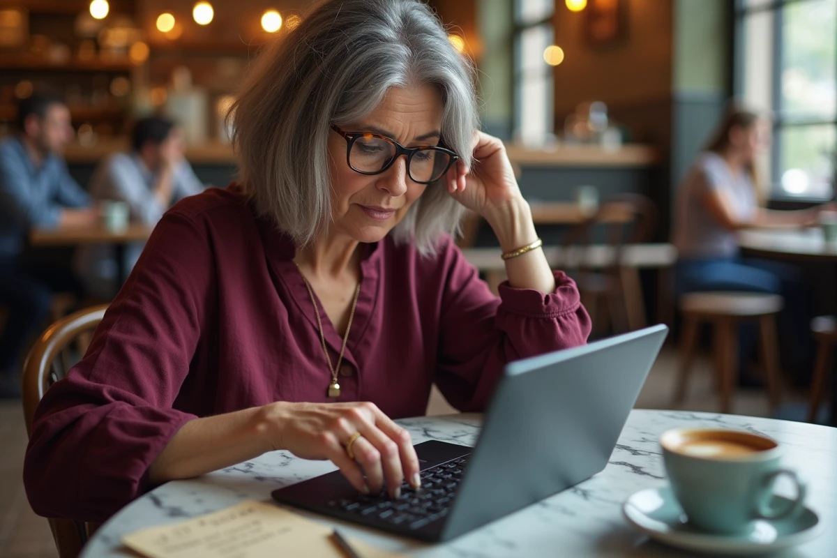 Femme avec lunettes consultant une fiche de raccourcis pour écrire en espagnol sur une tablette dans un café