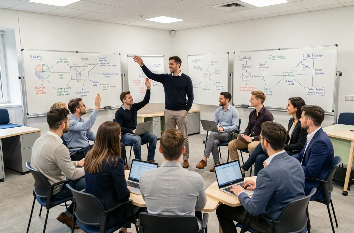 Professeur animant un atelier interactif dans une salle de cours de l'EDC Paris Business School