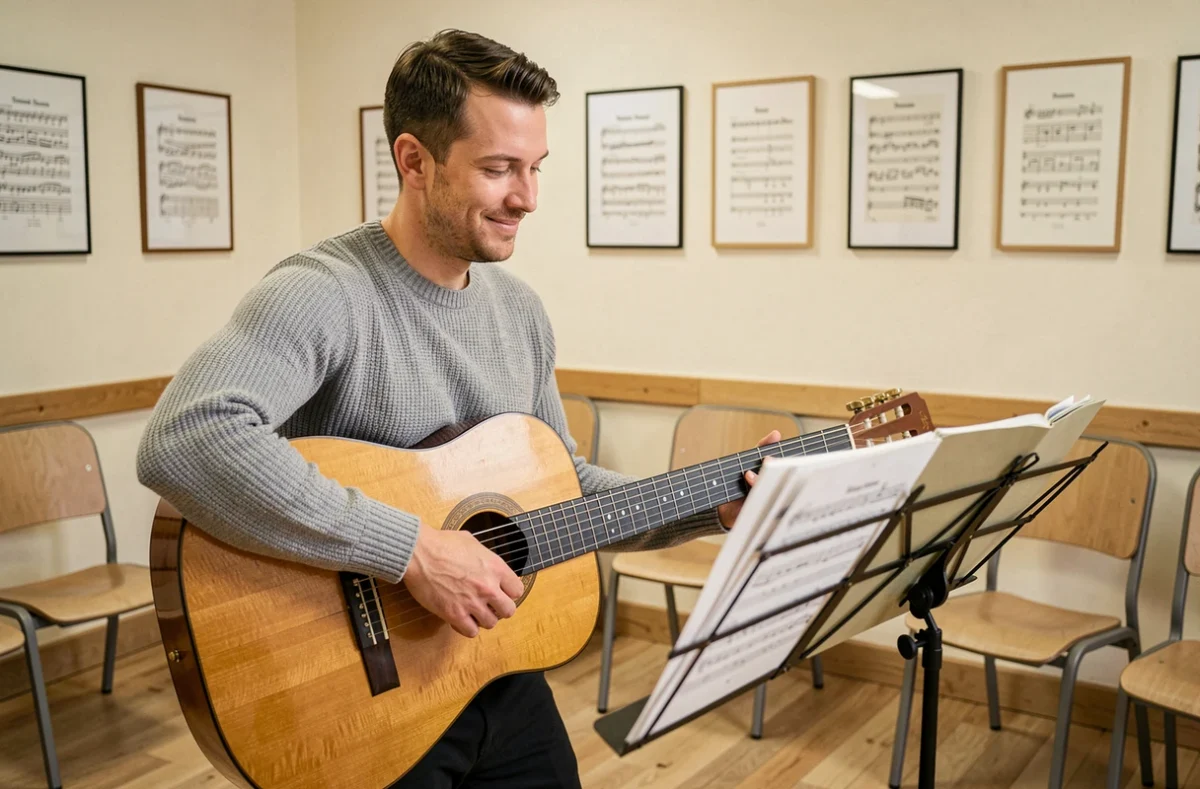 Professeur de guitare en cours dans une salle de l'EF2M école de musique de Tourcoing