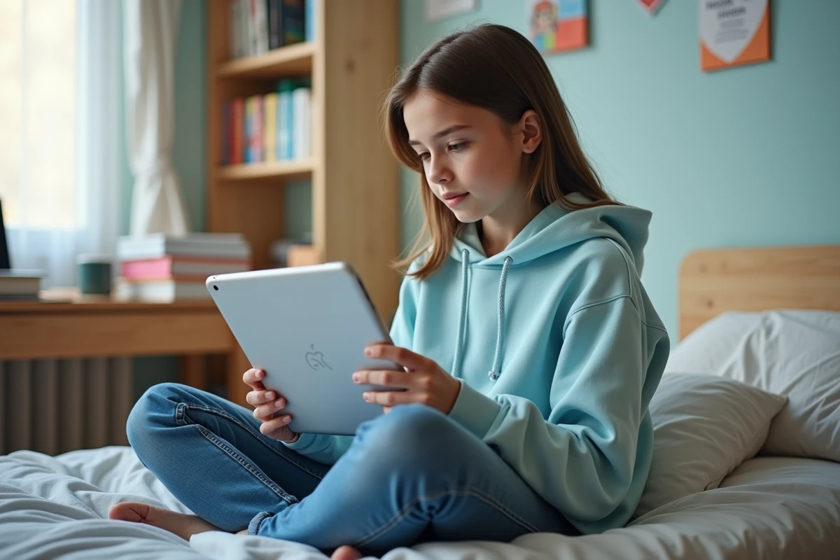 Élève lycéenne vérifiant les informations et actualités de son établissement scolaire via l'application Alcuin ESME sur tablette