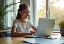 Étudiant souriant utilisant un tableau de bord éducatif