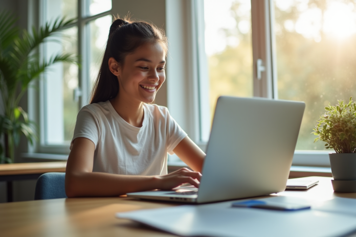 Étudiant souriant utilisant un tableau de bord éducatif
