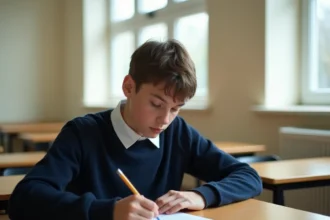 Élève de lycée concentré sur un test de QI imprimé dans une salle de classe française