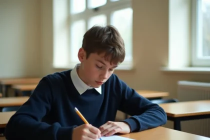 Élève de lycée concentré sur un test de QI imprimé dans une salle de classe française