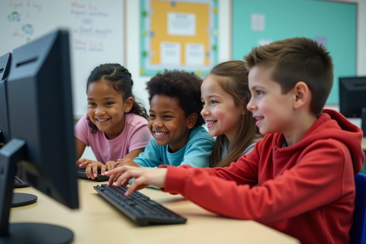 Des élèves d'école primaire travaillent ensemble sur un ordinateur dans une salle informatique scolaire en Normandie