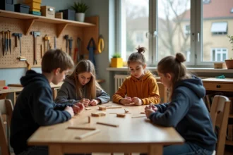 Élèves de SEGPA au collège travaillant ensemble sur un projet manuel en atelier de technologie
