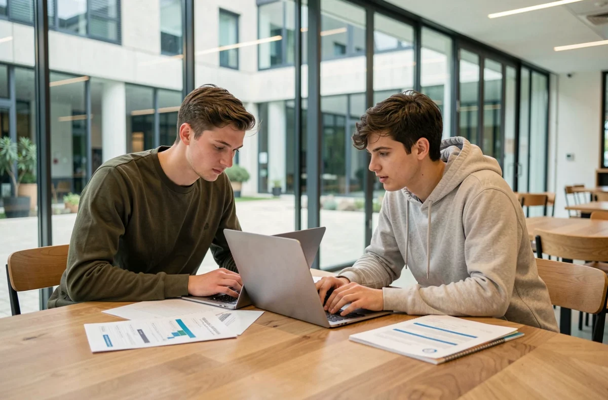 Deux étudiants collaborant dans l'espace de co-working moderne de l'EMLV École de Management Léonard de Vinci
