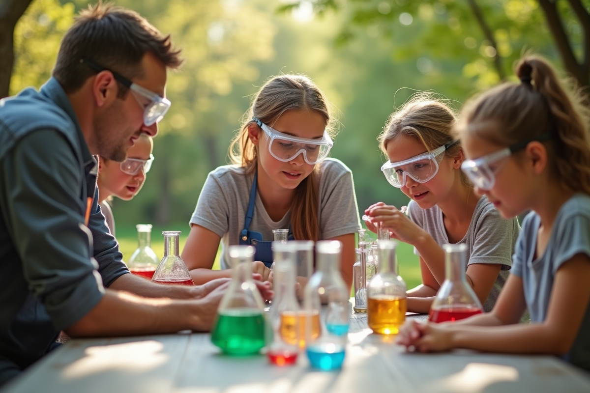 Enseignant guidant une experience scientifique en plein air
