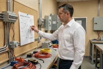 Enseignant en habilitation électrique examinant un schéma de sécurité dans une salle de formation professionnelle