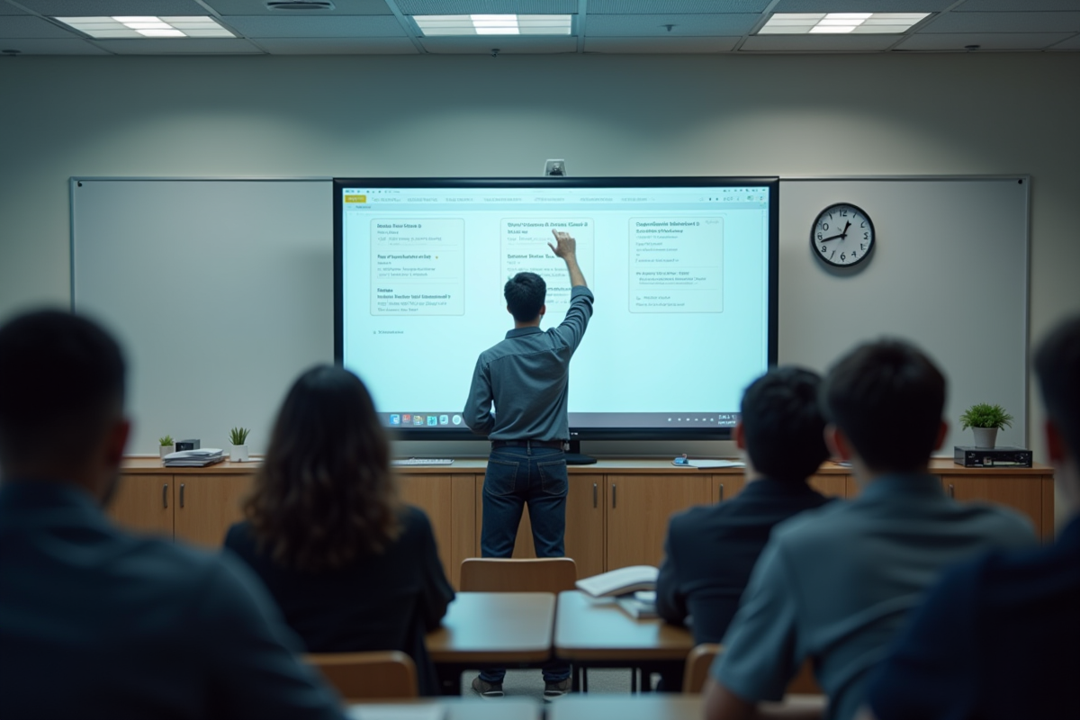Professeur interagissant avec une interface Pronote dans la classe