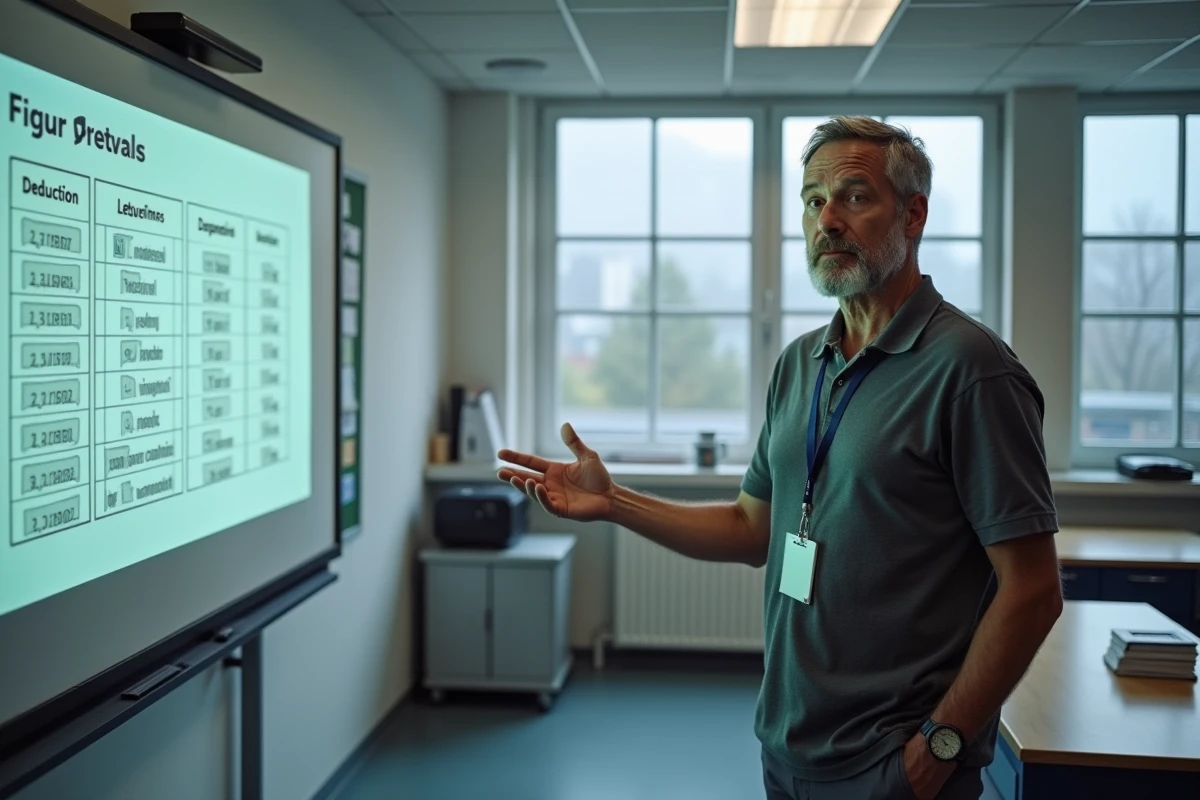 Enseignant en lycée professionnel présentant un tableau de calcul des cotisations salariales au tableau numérique