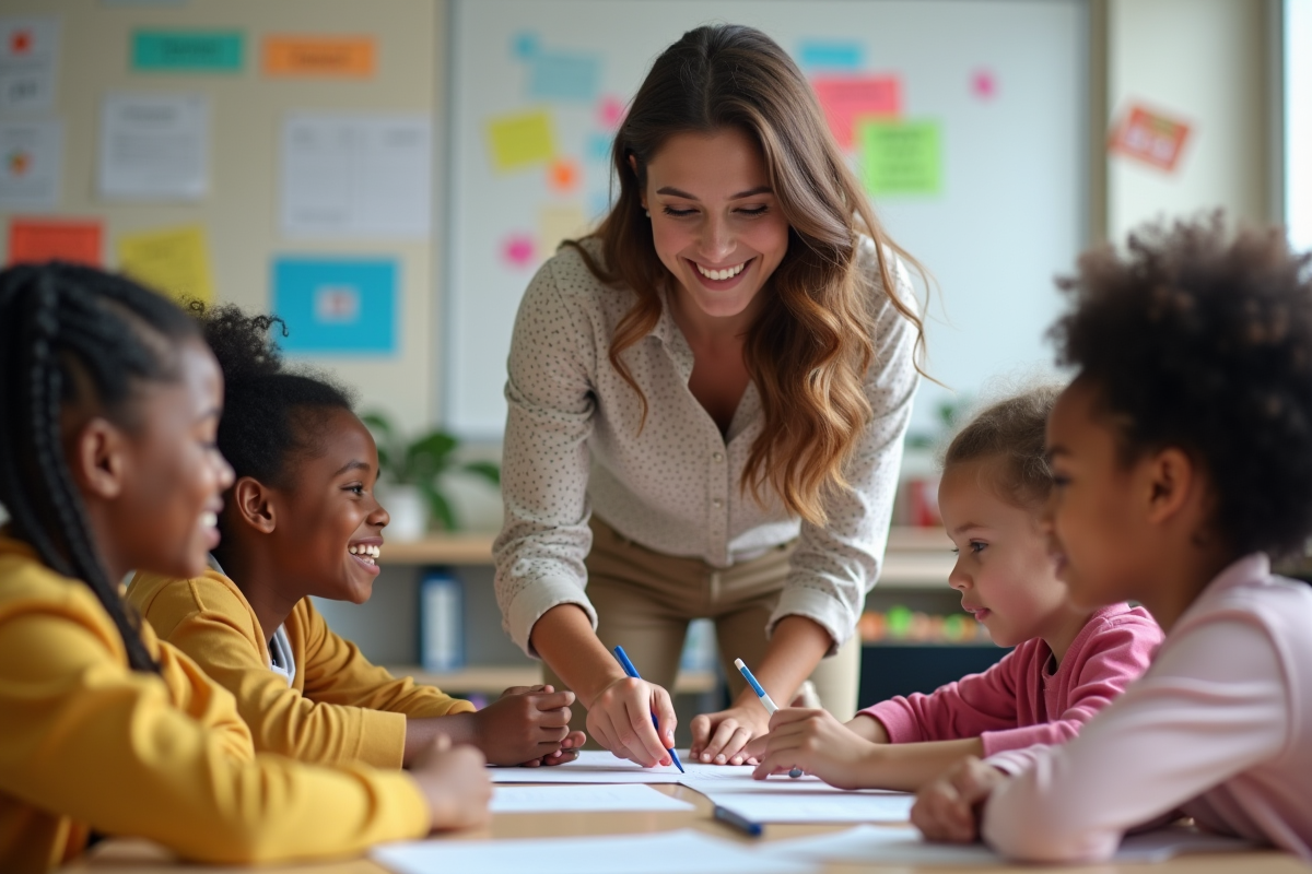 Jeune enseignante souriante avec étudiants lors d