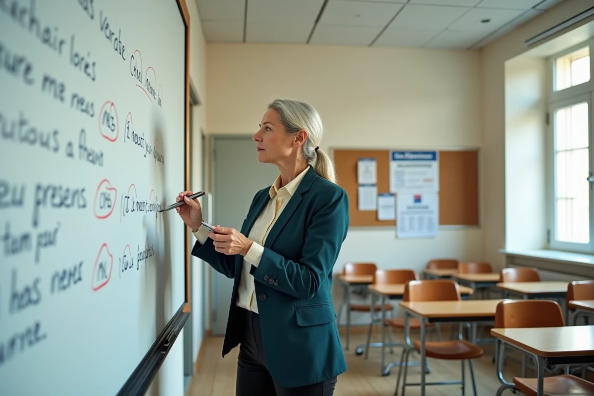 Enseignante expliquant les erreurs courantes de connecteurs logiques au tableau blanc dans une salle de classe