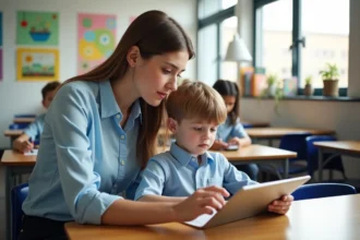 Une enseignante d'école primaire aide un élève à utiliser la plateforme numérique Edu Normandie sur une tablette en classe