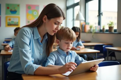 Une enseignante d'école primaire aide un élève à utiliser la plateforme numérique Edu Normandie sur une tablette en classe