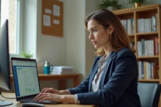 Enseignante consultant l'intranet de l'académie d'Amiens sur un ordinateur portable dans une salle des professeurs