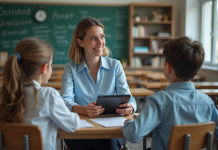 Intelligence artificielle : révolution de l’éducation avec ses impacts Professeure avec tablette en classe avec élèves