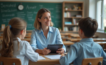 Intelligence artificielle : révolution de l’éducation avec ses impacts Professeure avec tablette en classe avec élèves