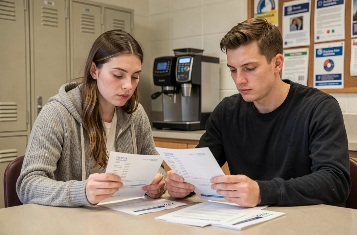 Deux jeunes enseignants débutants discutant de leur fiche de salaire dans la salle des professeurs