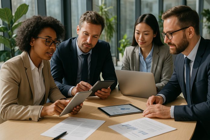 equipe-collaborative-bureau-modern Groupe de professionnels collaborant dans un bureau moderne