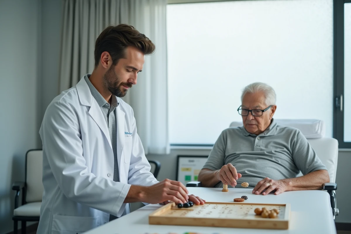 Ergothérapeute spécialisé travaillant avec un patient âgé en rééducation motrice dans une clinique moderne