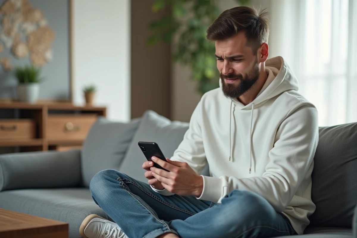 Jeune homme consultant un message d'erreur de connexion sur son smartphone dans un salon confortable