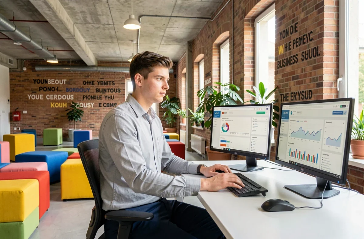 Étudiant travaillant sur des tableaux de bord marketing dans le campus moderne d'ESSCA School of Management à Bordeaux