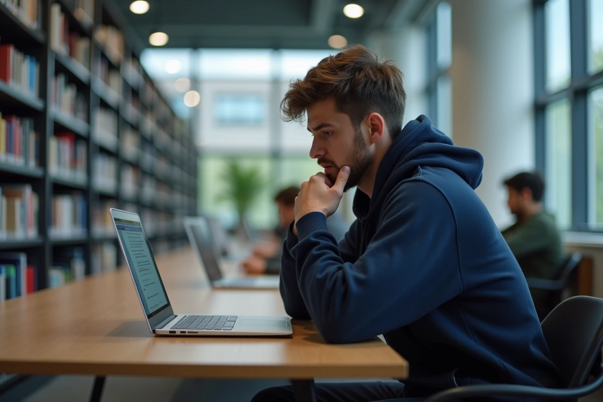Étudiant analysant des erreurs de connecteurs logiques sur un ordinateur portable dans une bibliothèque universitaire