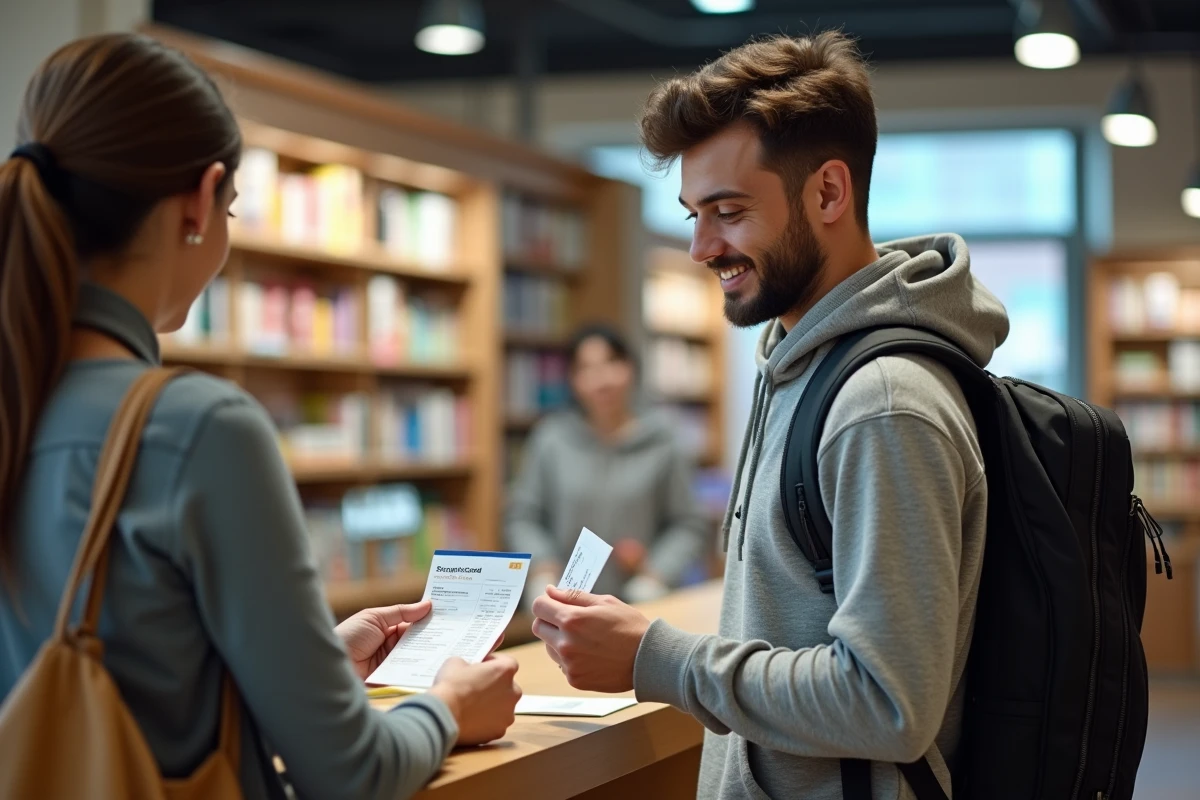 Étudiant présentant sa carte étudiante en librairie pour obtenir une réduction sur ses achats scolaires à la rentrée