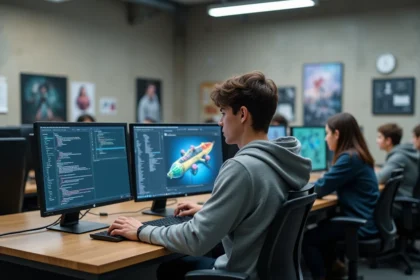 Étudiant en école de jeux vidéo travaillant sur un logiciel de modélisation 3D dans un laboratoire informatique moderne