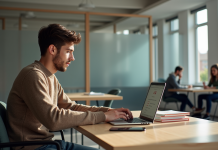 Jeune étudiant concentré sur son ordinateur avec ressources numériques