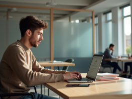 Léo UGA facilite la vie universitaire en centralisant les accès aux ressources pédagogiques Jeune étudiant concentré sur son ordinateur avec ressources numériques