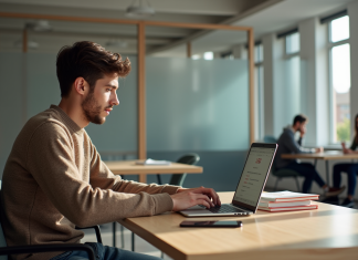 Léo UGA facilite la vie universitaire en centralisant les accès aux ressources pédagogiques Jeune étudiant concentré sur son ordinateur avec ressources numériques