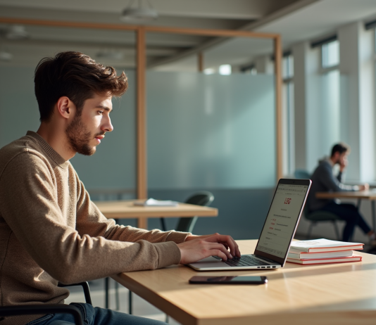 Léo UGA facilite la vie universitaire en centralisant les accès aux ressources pédagogiques Jeune étudiant concentré sur son ordinateur avec ressources numériques